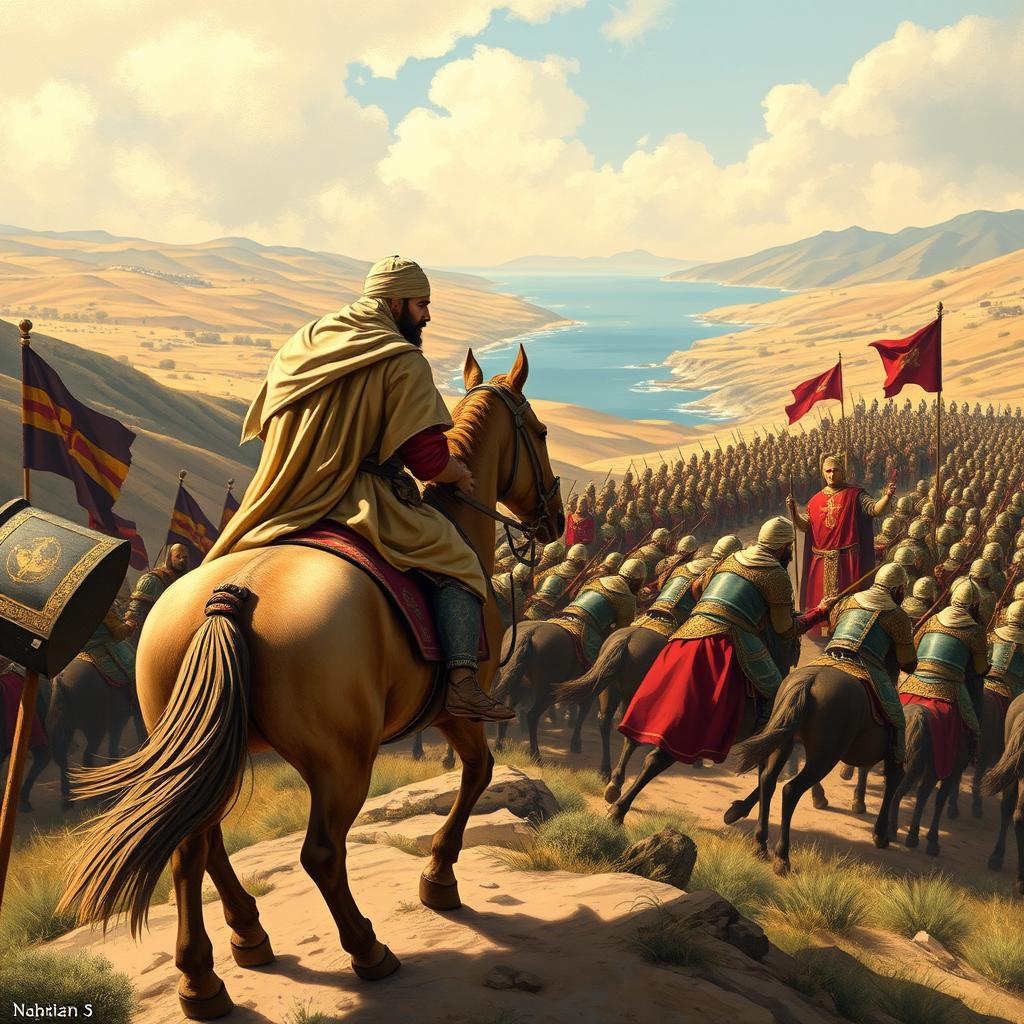 In the year 711 AD, depict the moment when Tariq ibn Ziyad leads the Islamic army across the Strait of Gibraltar into the Iberian Peninsula, known as Al-Andalus or previously as Vandalisia