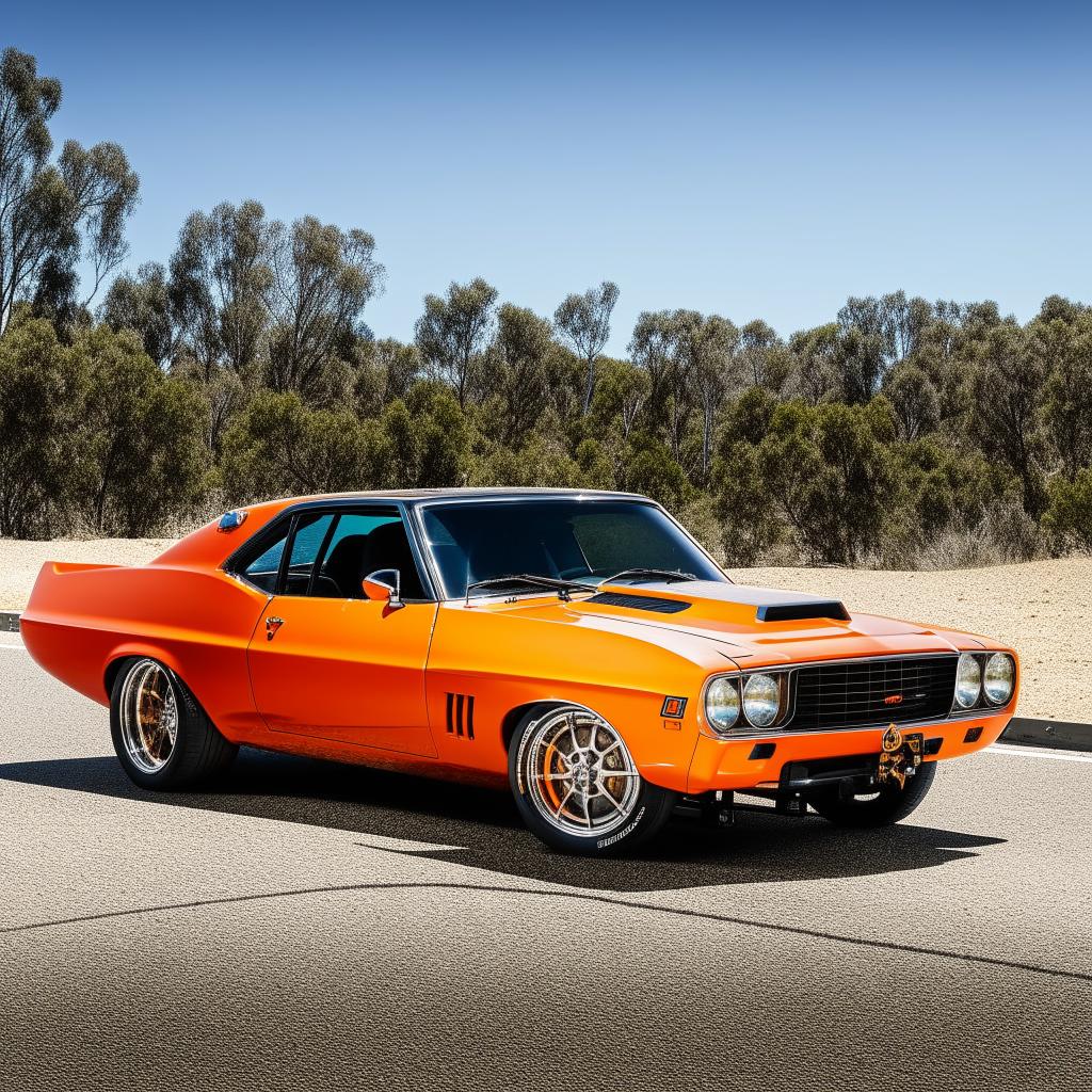 An orange HQ Monaro equipped with a tunnel ram intake system, parked on a wide road with a blue sky in the backdrop