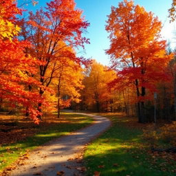 An artistic image of a vibrant autumn landscape, showcasing a path winding through a forest filled with trees displaying a mix of red, orange, and yellow leaves