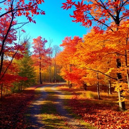 An artistic image of a vibrant autumn landscape, showcasing a path winding through a forest filled with trees displaying a mix of red, orange, and yellow leaves