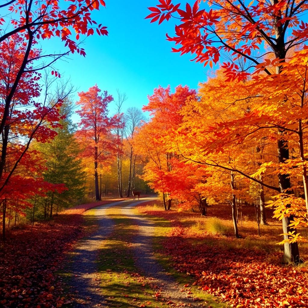 An artistic image of a vibrant autumn landscape, showcasing a path winding through a forest filled with trees displaying a mix of red, orange, and yellow leaves