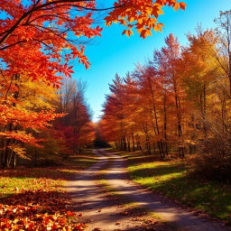 An artistic image of a vibrant autumn landscape, showcasing a path winding through a forest filled with trees displaying a mix of red, orange, and yellow leaves