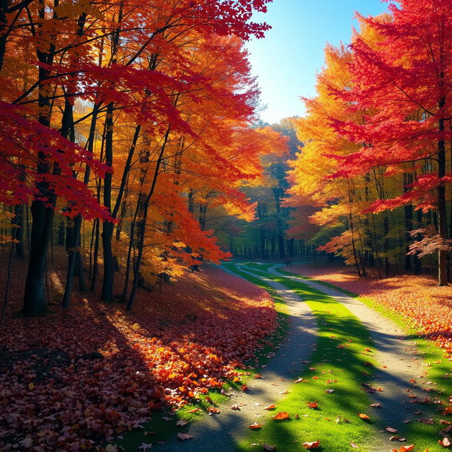 An artistic image of a vibrant autumn landscape, showcasing a path winding through a forest filled with trees displaying a mix of red, orange, and yellow leaves