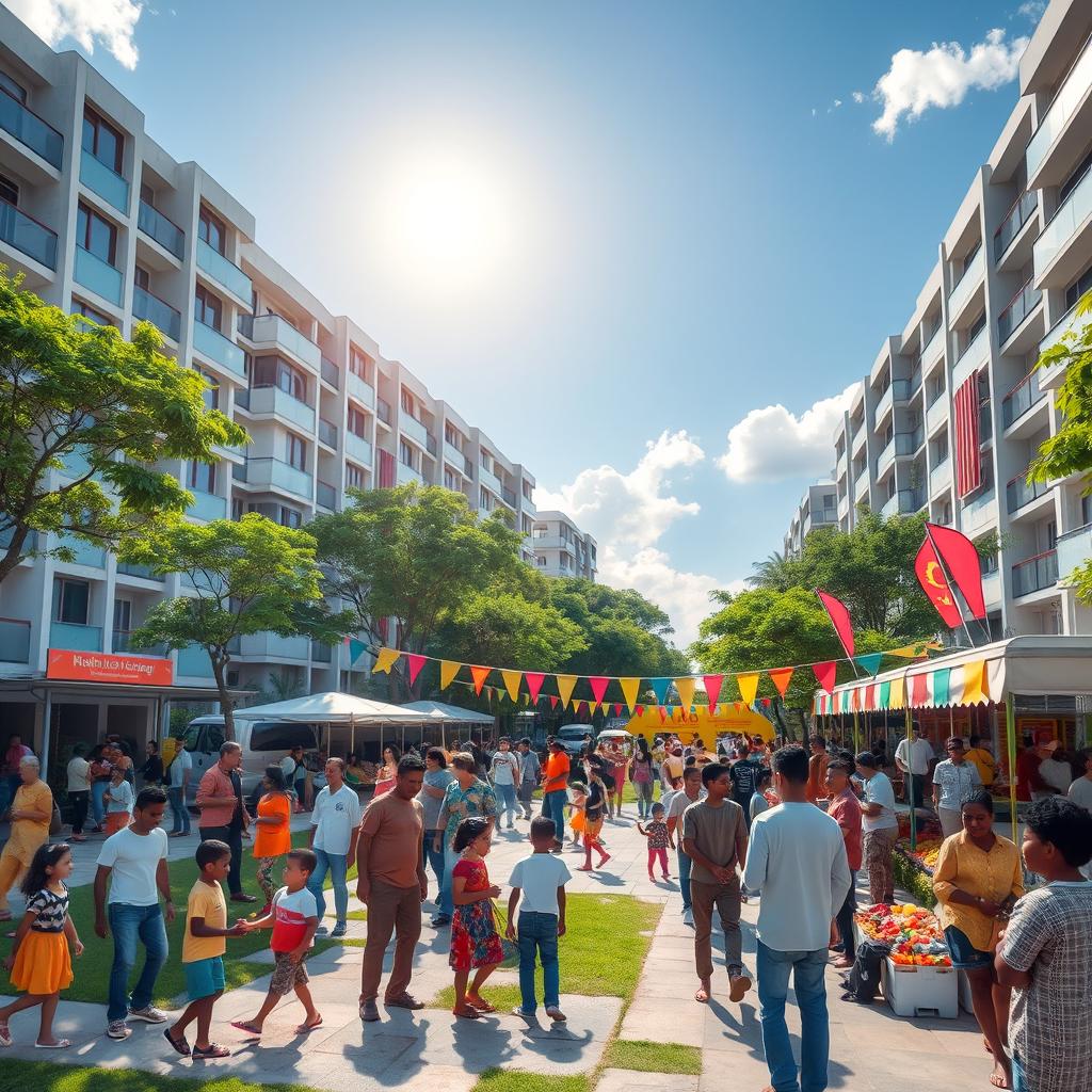 A vibrant and thriving community scene showcasing urban development, featuring modern buildings, lush green parks, and diverse groups of people engaged in various activities