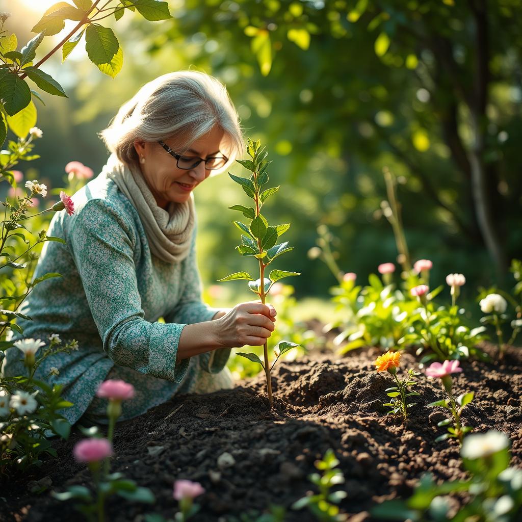 A powerful representation of tree planting day on 15 Esfand 1403, embodying the journey of a 48-year-old Iranian woman celebrating change, self-awareness, and personal transformation