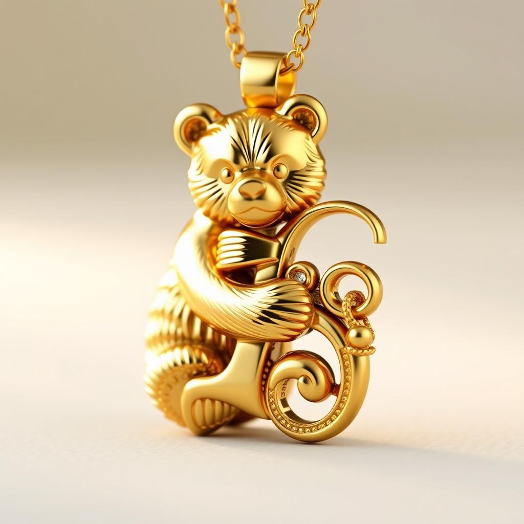 A beautifully designed gold necklace featuring a bear intricately hugging an ornate English letter
