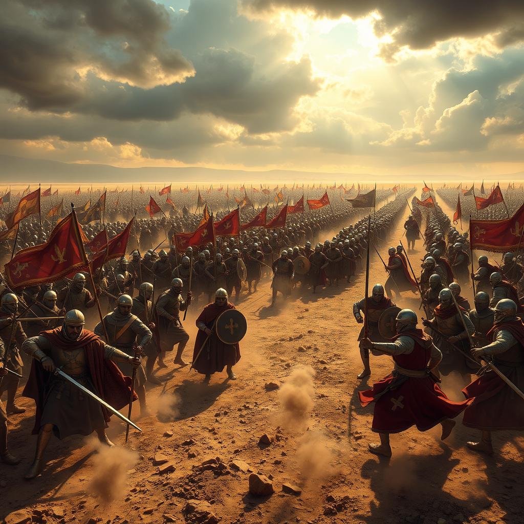 A dramatic historical scene depicting the Battle of Guadalete in 711 AD, with a fierce clash between Muslim warriors and Christian forces