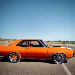 An orange HQ Monaro equipped with a tunnel ram intake system, parked on a wide road with a blue sky in the backdrop