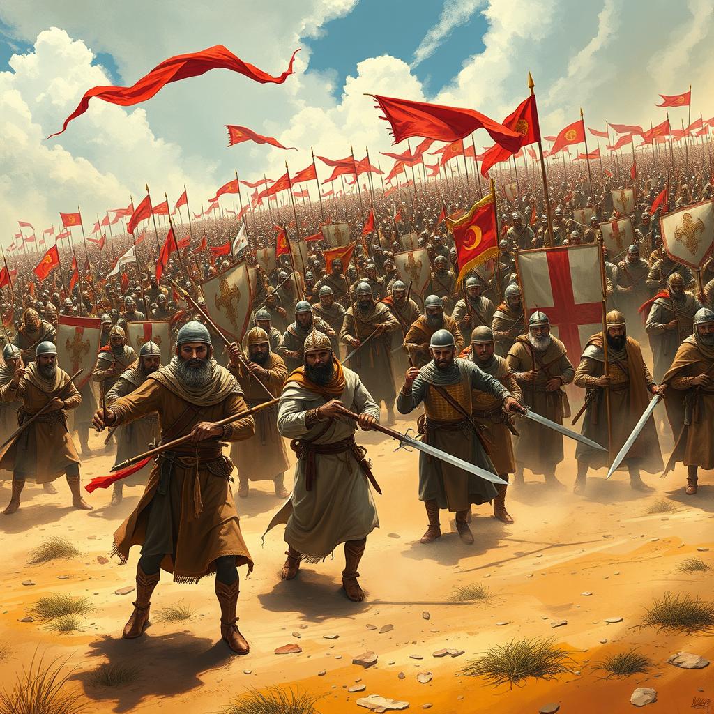 A dramatic historical illustration depicting the Battle of Guadalete in 711 AD, showcasing a fierce clash between a small force of 12,000 Muslim fighters and a massive army of 100,000 Christian soldiers