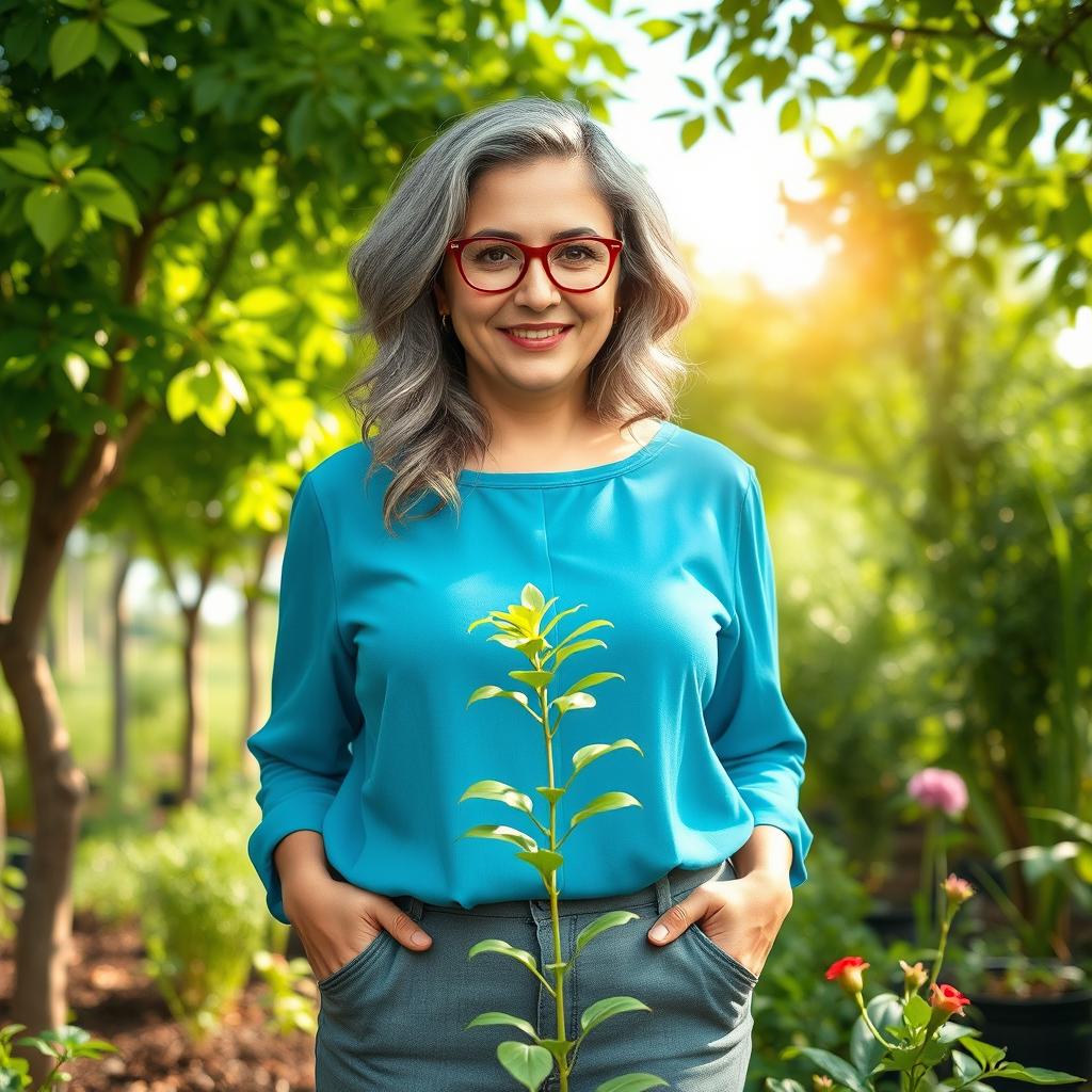 A serene and empowering scene representing Tree Planting Day, featuring a 40-year-old Iranian woman with wavy gray hair that falls to her shoulders