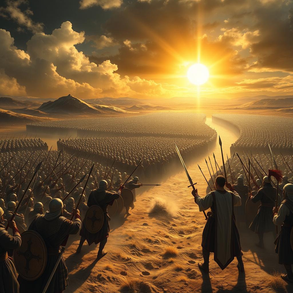A historical depiction of the epic Battle of Guadalete in 711 AD, showcasing the dramatic moment when 12,000 Muslim warriors, led by Tariq ibn Ziyad and supported by Tarif ibn Malik, face off against 100,000 Christian forces under Rodrigo