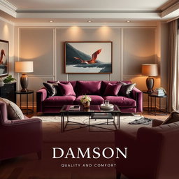 An elegant advertisement for a furniture company named 'Damson', showcasing a beautifully arranged living room with luxurious furniture pieces
