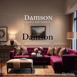 An elegant advertisement for a furniture company named 'Damson', showcasing a beautifully arranged living room with luxurious furniture pieces