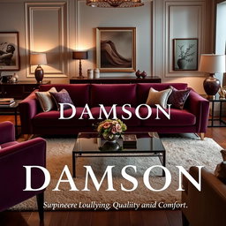 An elegant advertisement for a furniture company named 'Damson', showcasing a beautifully arranged living room with luxurious furniture pieces