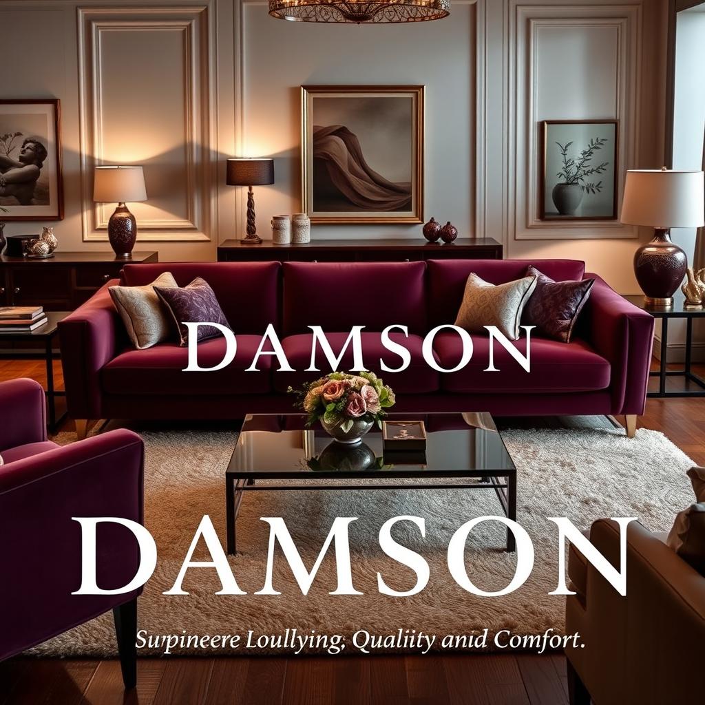 An elegant advertisement for a furniture company named 'Damson', showcasing a beautifully arranged living room with luxurious furniture pieces