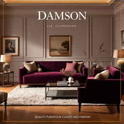 An elegant advertisement for a furniture company named 'Damson', showcasing a beautifully arranged living room with luxurious furniture pieces