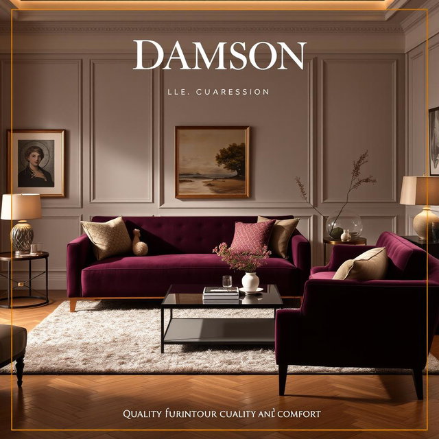 An elegant advertisement for a furniture company named 'Damson', showcasing a beautifully arranged living room with luxurious furniture pieces
