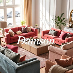 An elegant advertisement for a furniture company named 'Damson', featuring luxurious sofas and chic home decor products