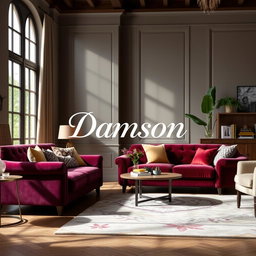 An elegant advertisement for a furniture company named 'Damson', featuring luxurious sofas and chic home decor products