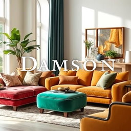 An elegant advertisement for a furniture company named 'Damson', featuring luxurious sofas and chic home decor products
