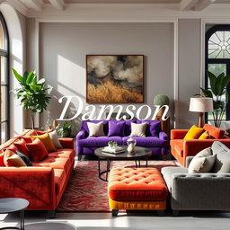 An elegant advertisement for a furniture company named 'Damson', featuring luxurious sofas and chic home decor products