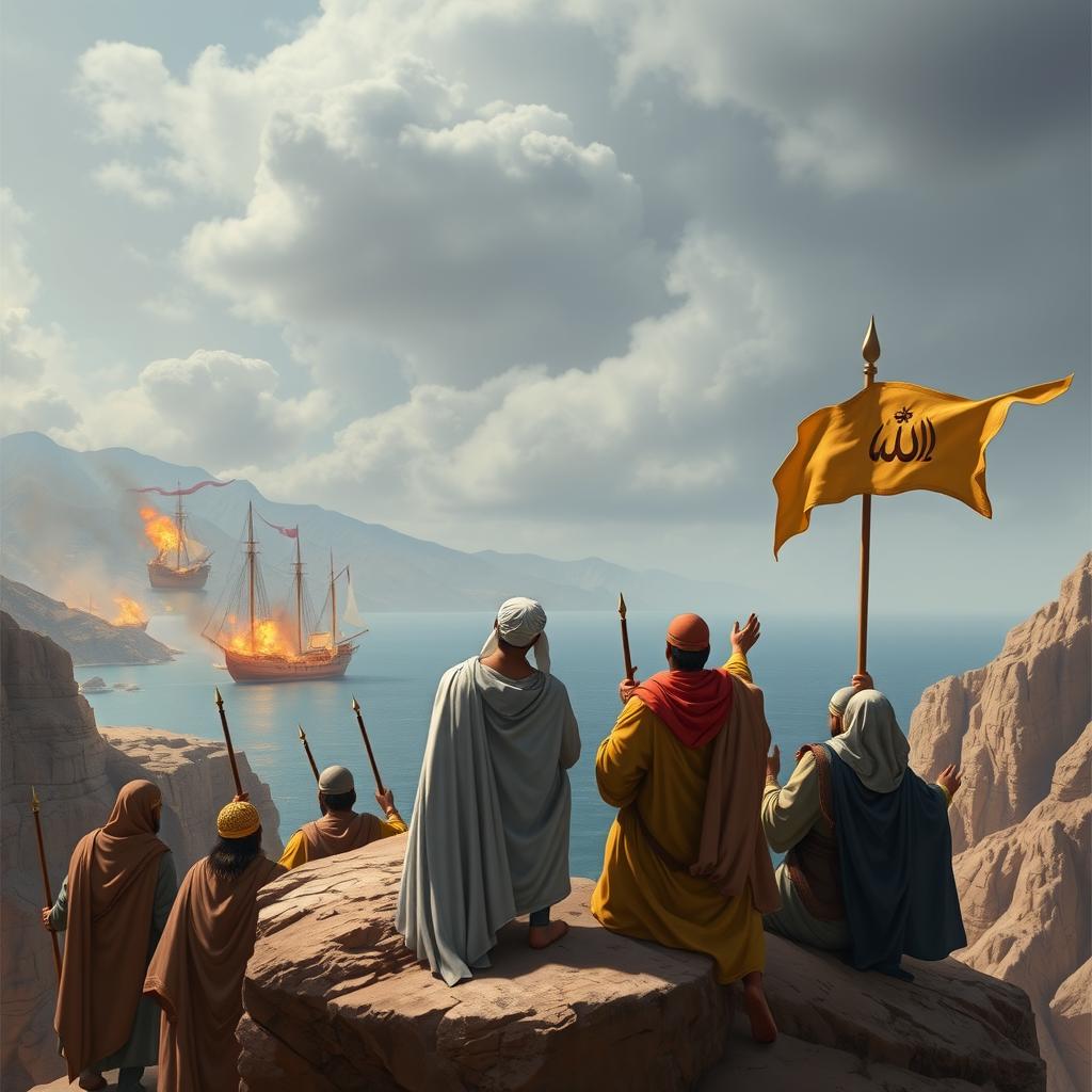 A historical scene illustrating the Muslim conquest of Andalusia, highlighting the significance of faith and belief in their victory