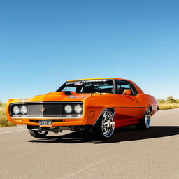 An orange HQ Monaro equipped with a tunnel ram intake system, parked on a wide road with a blue sky in the backdrop