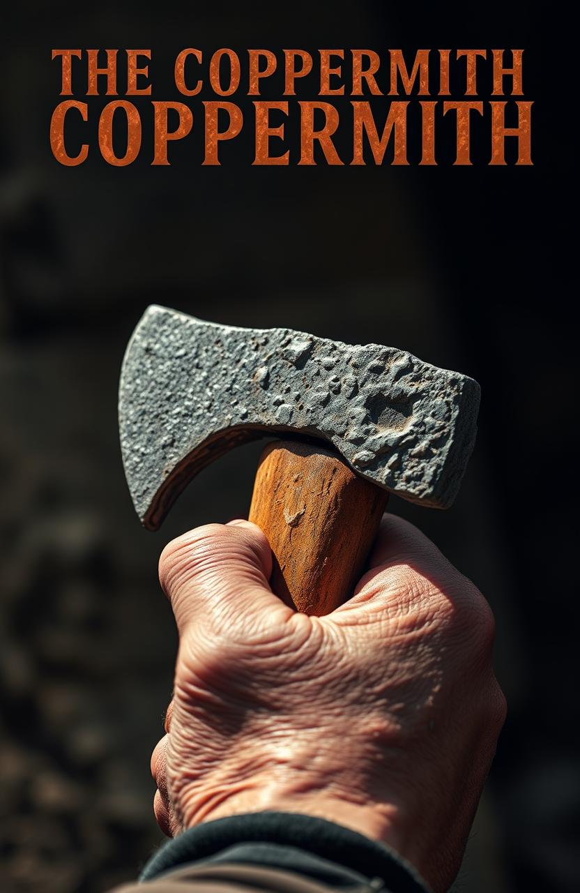 A close-up of a weathered hand gripping Otzi's axe, a historic stone tool with intricate details