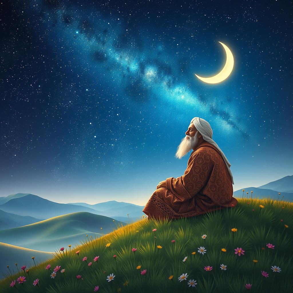 A beautiful scene depicting Omar Khayyam, the Persian poet and philosopher, observing the stars at night