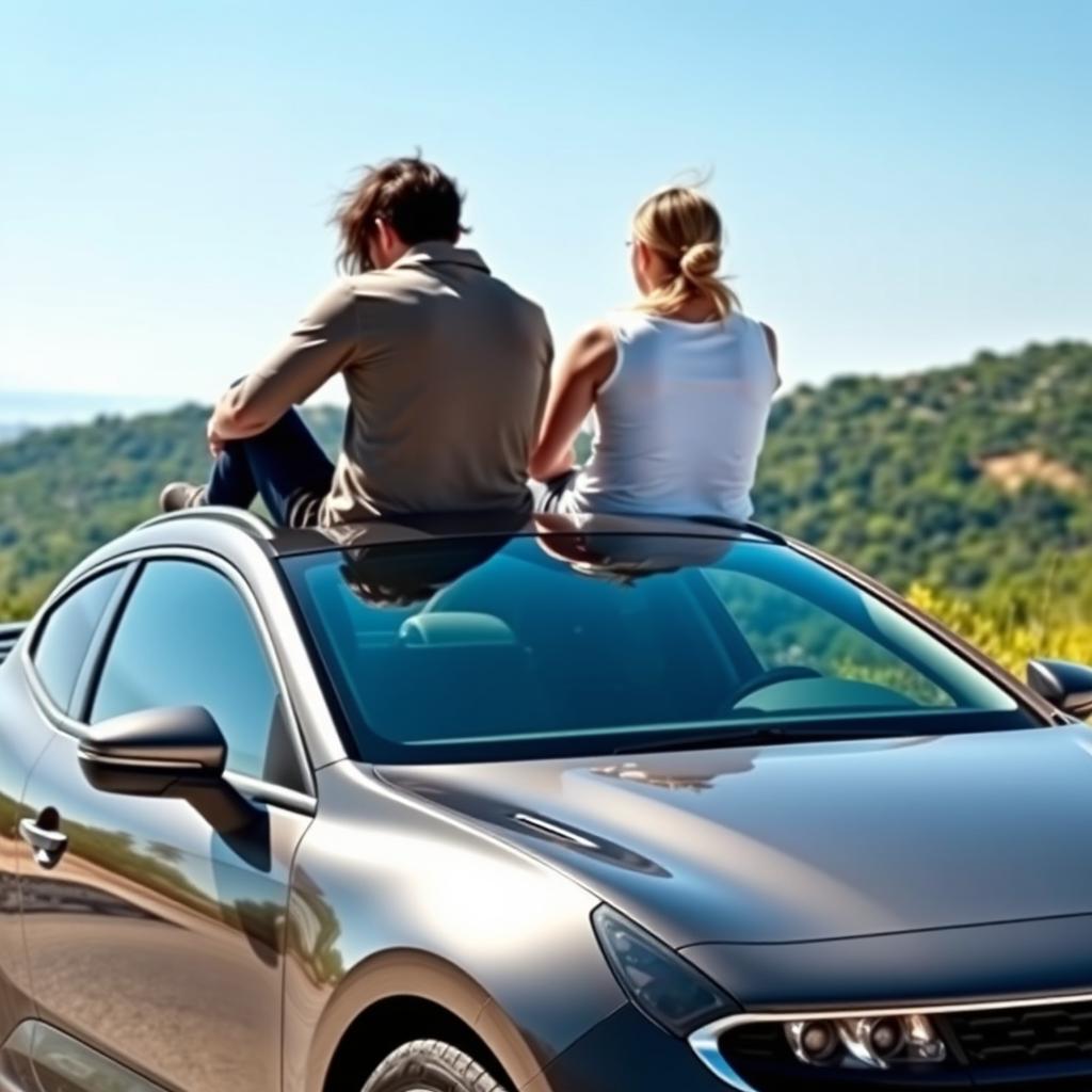 Two individuals sitting on the roof of a sleek Peugeot car, both with their faces obscured or turned away, enjoying the sunny day