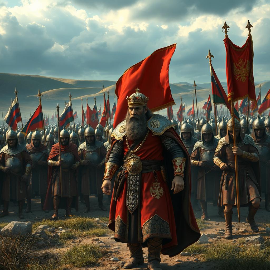 A dramatic historical scene depicting the Battle of Manzikert in 1071 AD, featuring the Byzantine emperor Romanos IV Diogenes leading a large, diverse army composed of Russian, French, Bulgarian, and Greek soldiers