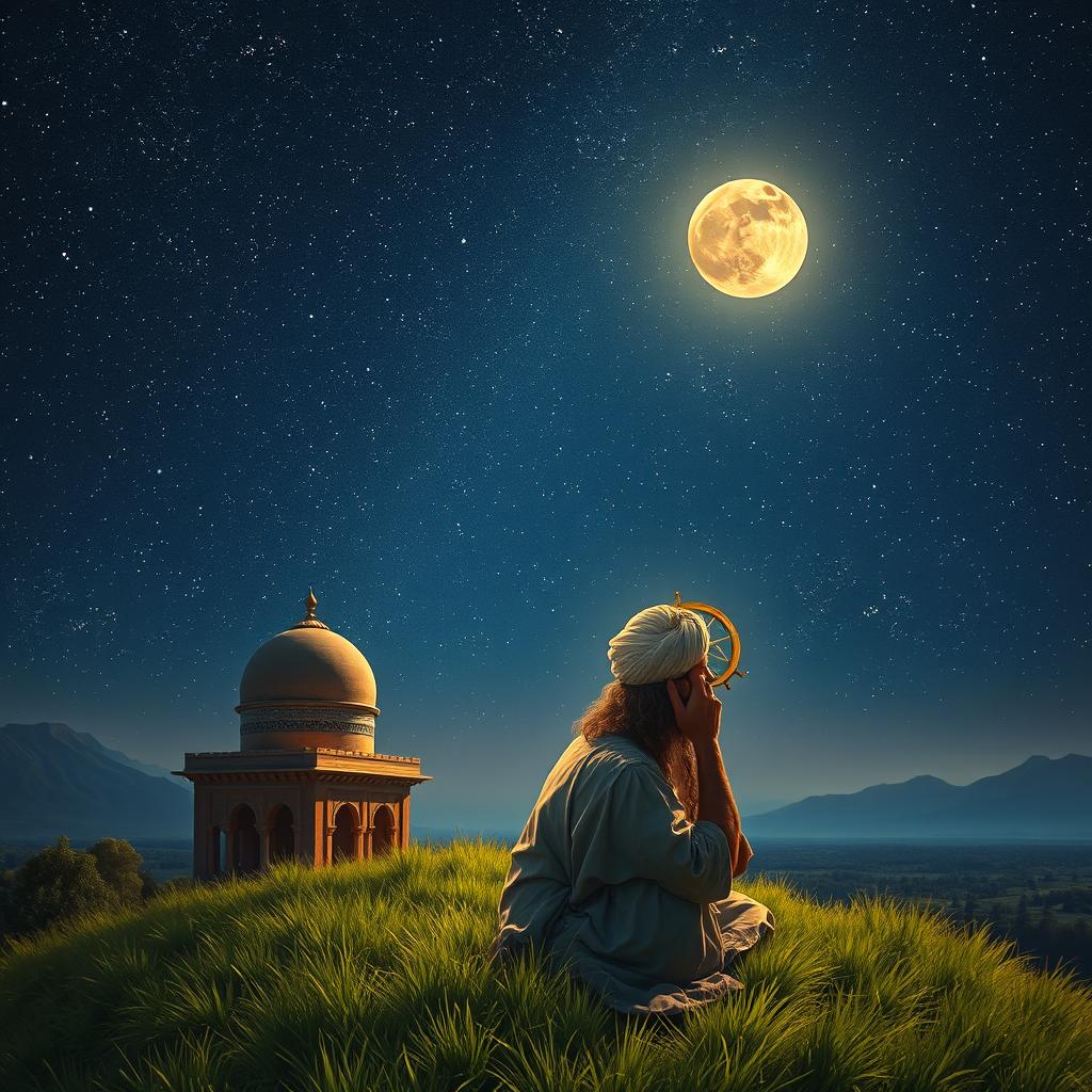 A beautiful scene depicting Omar Khayyam, the renowned Persian poet and scholar, stargazing under a vast, star-filled night sky
