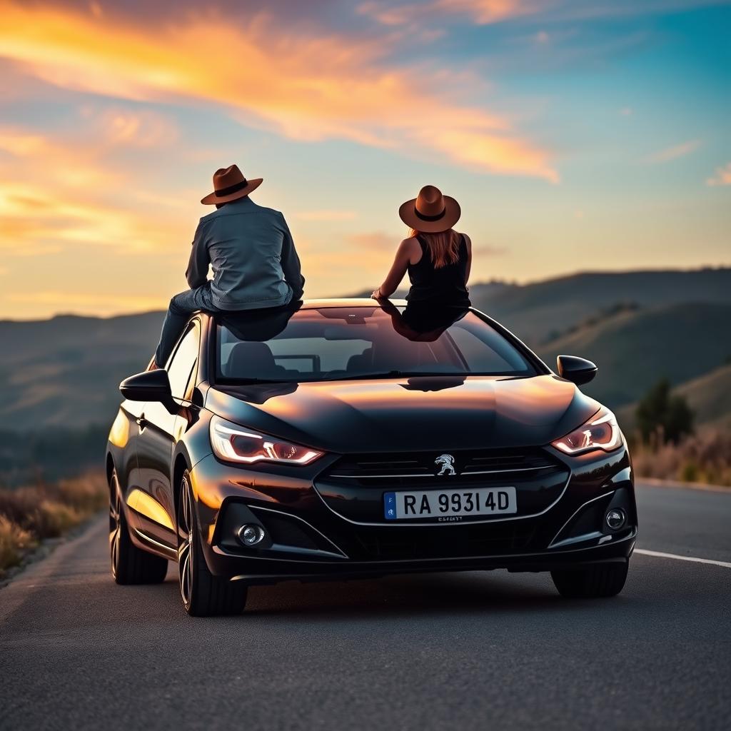 Two figures sitting on the roof of a sleek black Peugeot car parked on a scenic road
