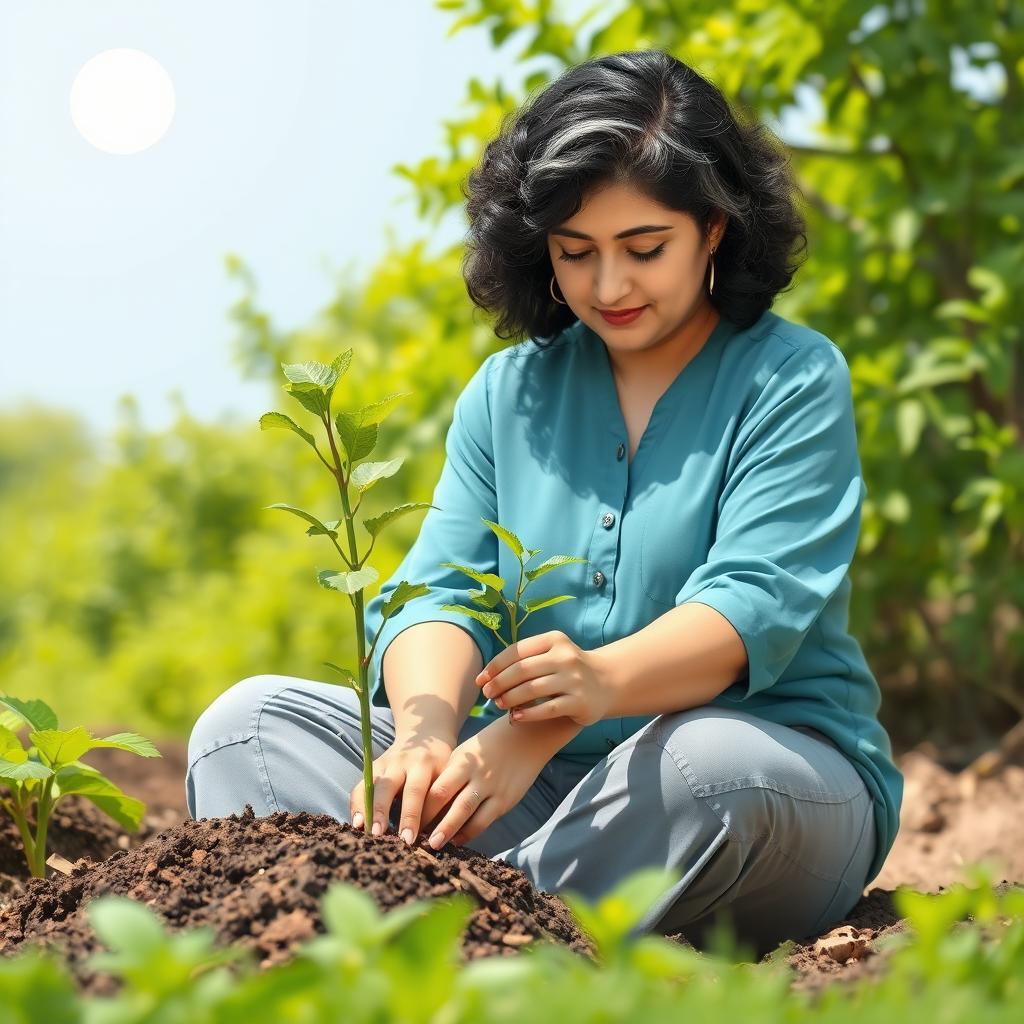 A meaningful scene illustrating Tree Planting Day, featuring a 45-year-old Iranian woman with short curly black hair that has a few strands of white