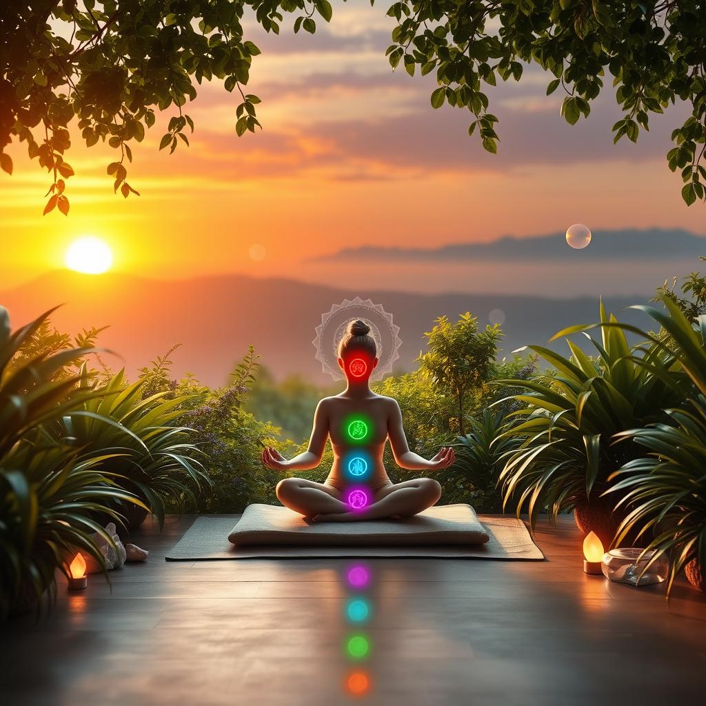 A serene and inviting setting for chakra healing, featuring a tranquil meditation space surrounded by lush, vibrant greenery and softly glowing crystals