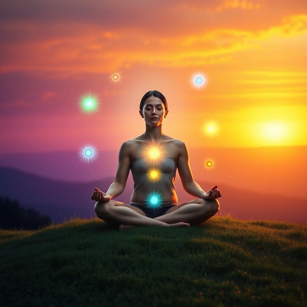 A serene and peaceful scene depicting chakra healing, featuring a person sitting cross-legged on a grassy hillside, surrounded by vibrant and glowing chakra symbols floating around them