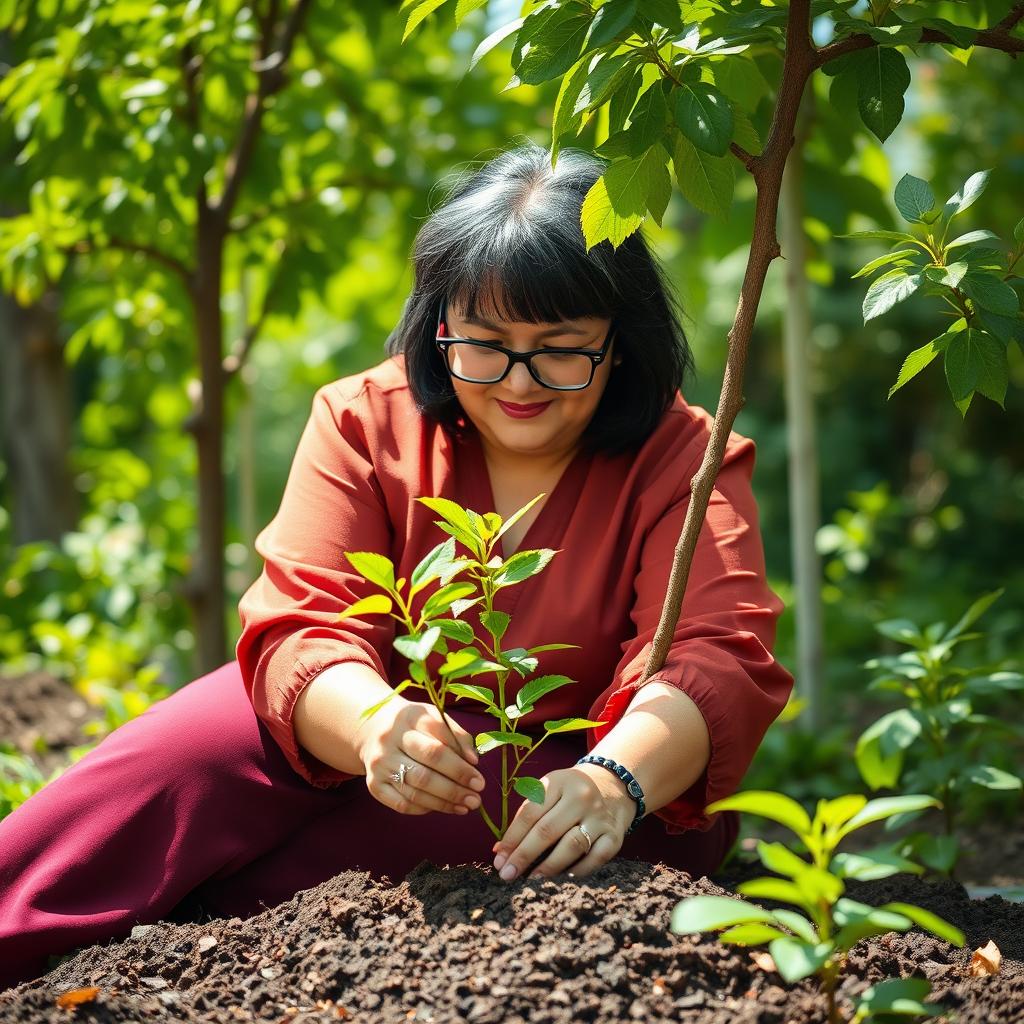 A vibrant scene celebrating Tree Planting Day, showcasing a 45-year-old Iranian woman with short black hair touching her shoulders and slightly graying