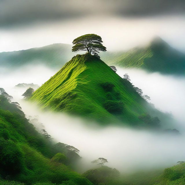 A mystical hill covered in a lush green canopy with fog slowly creeping over its peak, imbuing the scenery with a sense of enchantment.