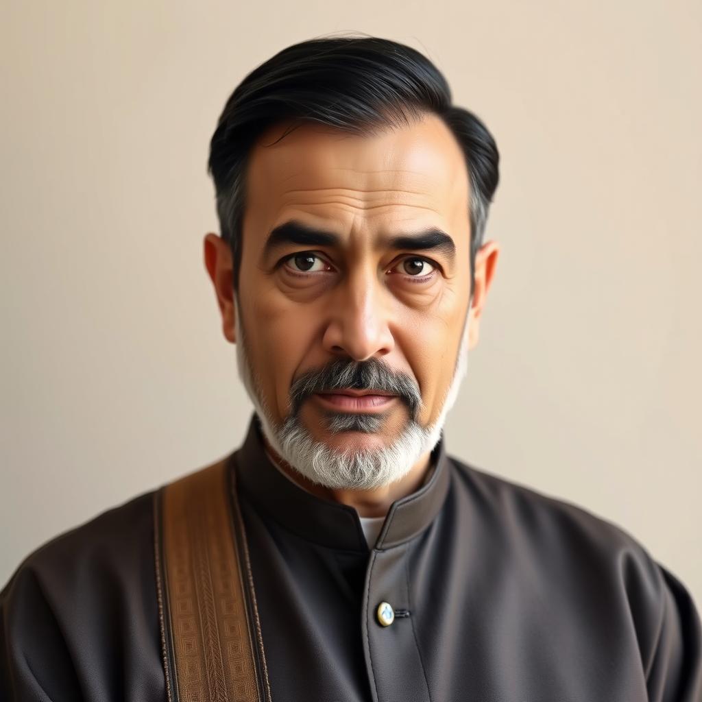 A portrait of a middle-aged man resembling a political leader, characterized by short black hair and no beard, dressed in a traditional Persian outfit