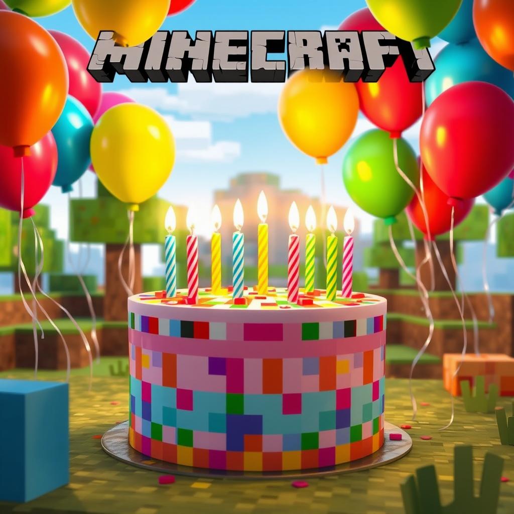 A vibrant scene set in the world of Minecraft featuring a large, colorful birthday cake adorned with 11 glowing candles