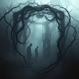 A conceptual artwork depicting a mental prison, illustrating a labyrinthine structure made of dark, twisted iron bars, overgrown with thorny vines