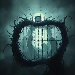 A conceptual artwork depicting a mental prison, illustrating a labyrinthine structure made of dark, twisted iron bars, overgrown with thorny vines