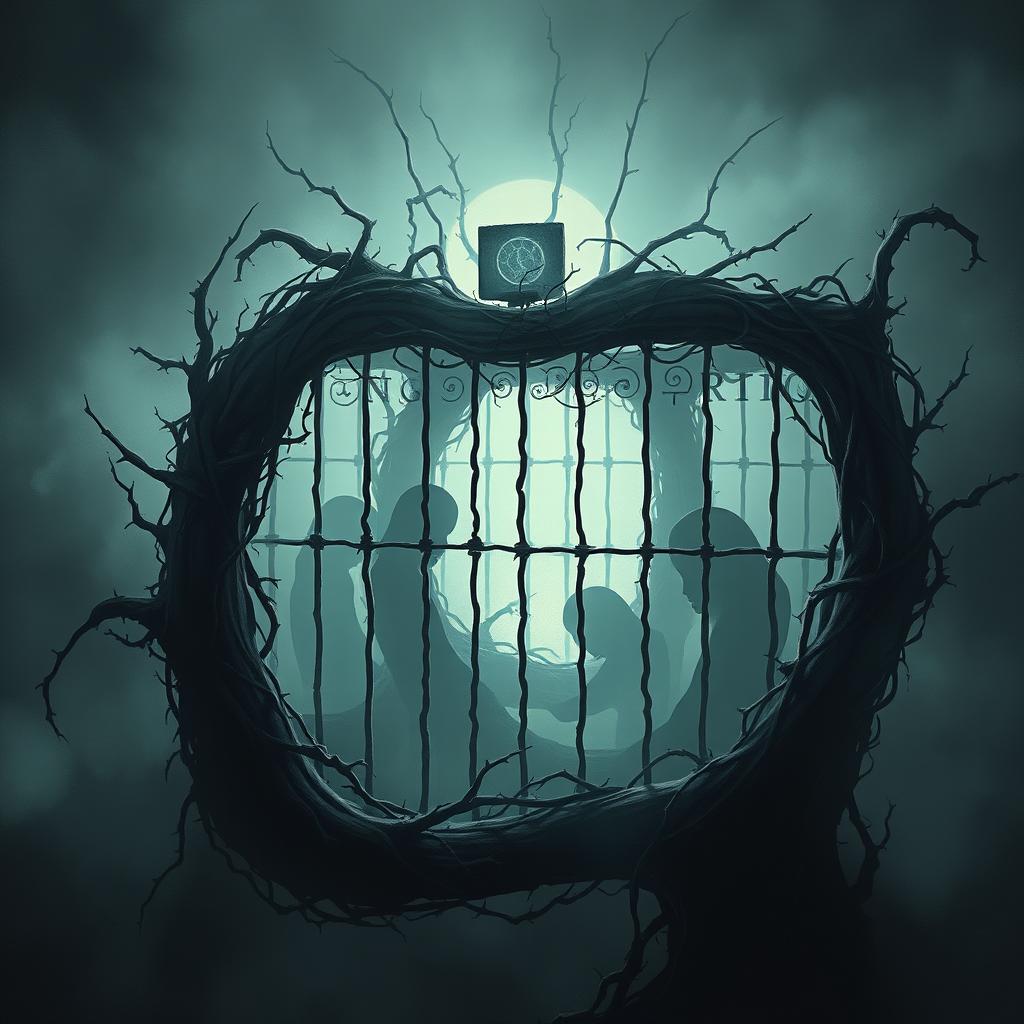 A conceptual artwork depicting a mental prison, illustrating a labyrinthine structure made of dark, twisted iron bars, overgrown with thorny vines
