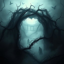 A conceptual artwork depicting a mental prison, illustrating a labyrinthine structure made of dark, twisted iron bars, overgrown with thorny vines