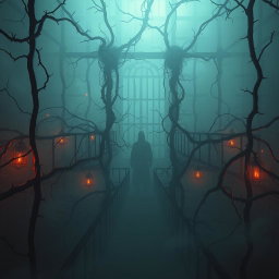 A conceptual artwork depicting a mental prison, illustrating a labyrinthine structure made of dark, twisted iron bars, overgrown with thorny vines