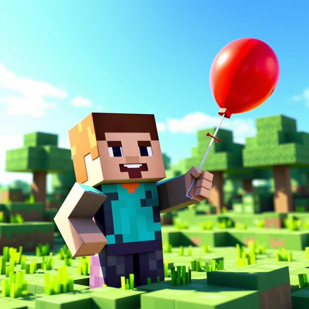 A three-dimensional representation of a Minecraft character, styled in blocky pixel art, holding a colorful balloon in a festive setting