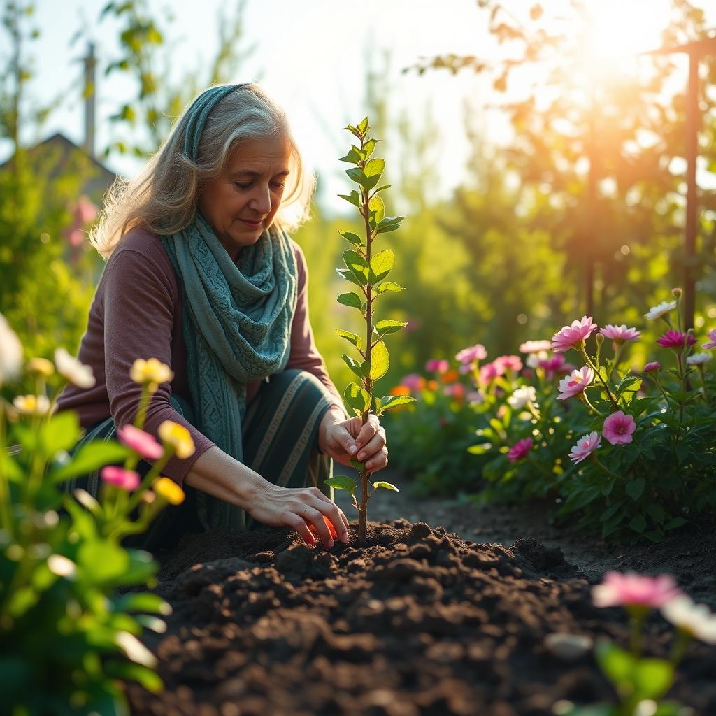 On tree planting day, 15 Esfand 1403, a symbolic and empowering scene captures the essence of personal change and self-awareness for a 48-year-old Iranian woman