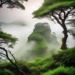 A mystical hill covered in a lush green canopy with fog slowly creeping over its peak, imbuing the scenery with a sense of enchantment.