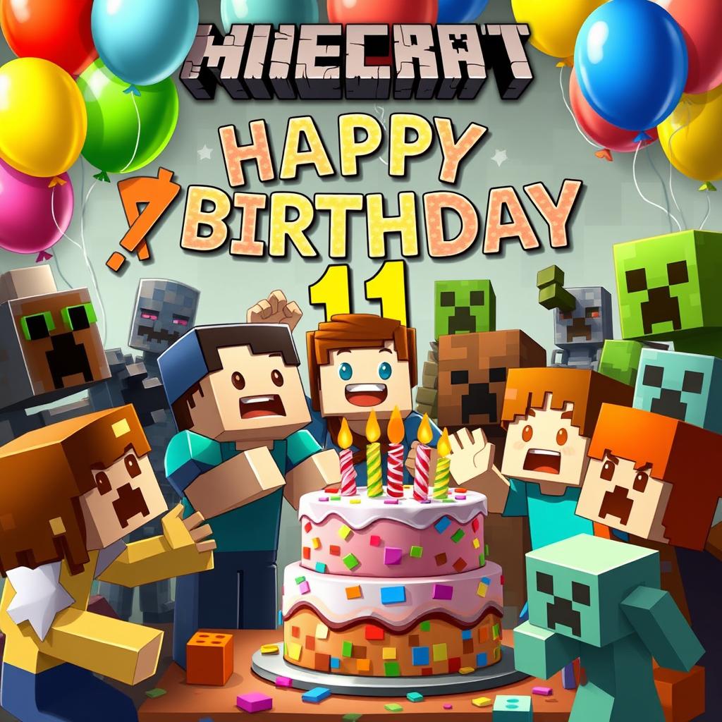 A vibrant Minecraft scene depicting several Minecraft characters gathered together to celebrate an 11th birthday party