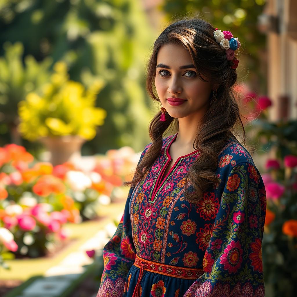 A traditional Iranian girl wearing a vibrant, intricately patterned dress, adorned with beautiful embroidery